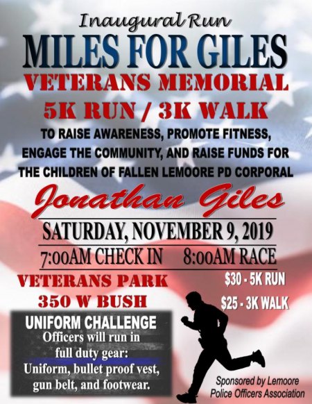 Local police and friends to will pay tribute to Corp. Jonathan Giles with Nov. 9 5K/3K walk run at Veterans Park Local police and friends to will pay tribute to Corp. Jonathan Giles with Nov. 9 5K/3K walk run at Veterans Park